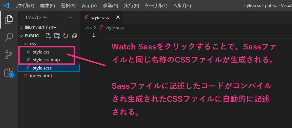 Watch Sassをクリックすることで、Sassファイルと同じ名称のCSSファイルが生成される。