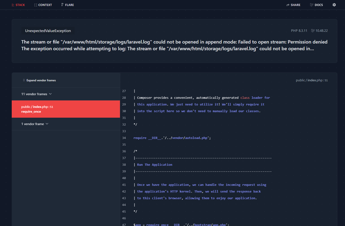 The stream or file "/var/www/html/storage/logs/laravel.log" could not be opened in append mode: Failed to open stream: Permission denied The exception occurred while attempting to log