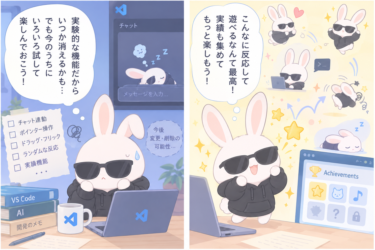VS Code petの反応・操作まとめ：チャット連動から実績機能までのアイキャッチ画像